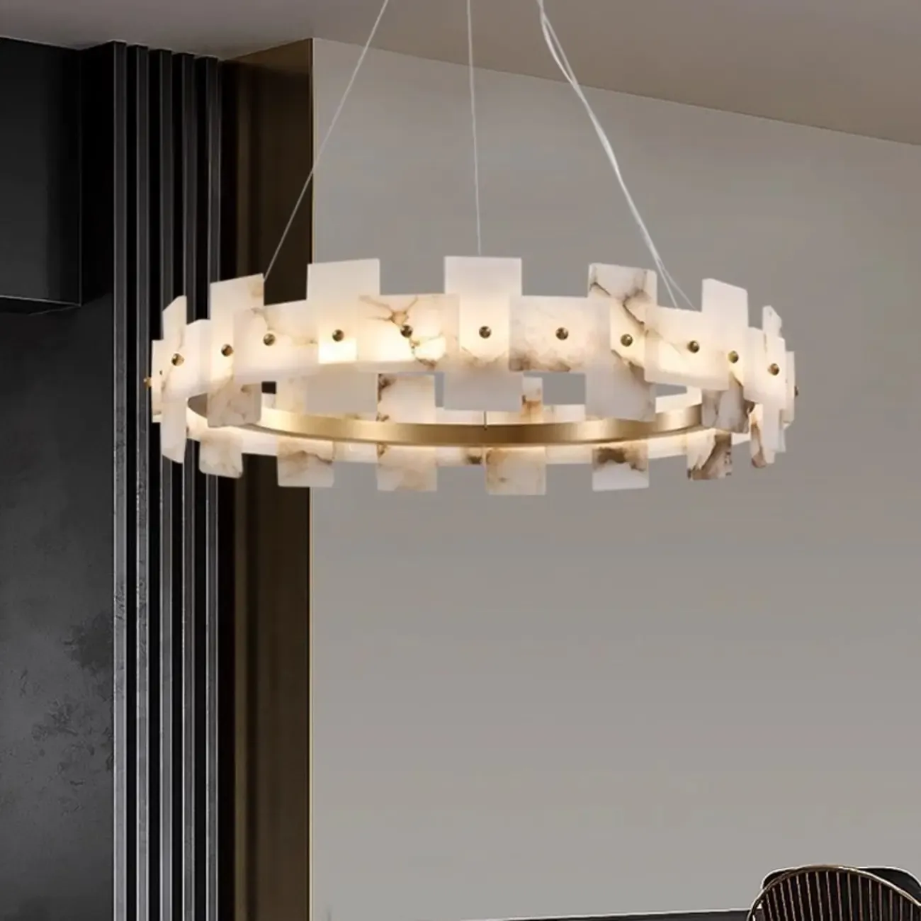 Geometric Gold-White 1-Tier Stone LED Chandelier