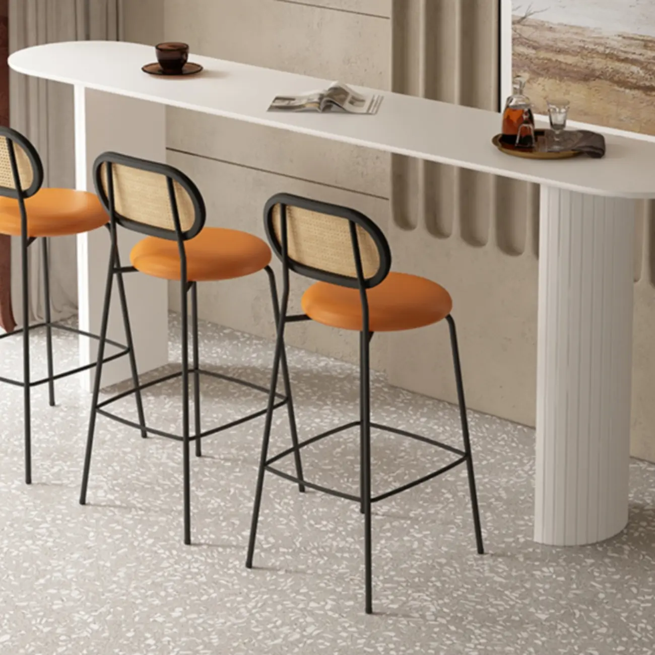 Scandinavian Oblong Black Stone Ribbed Steel Bar Tables