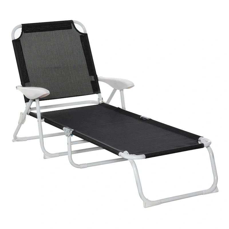 Folding Chaise Lounge, Outdoor Sun Tanning Chair, 4-Position Reclining Back, Armrests