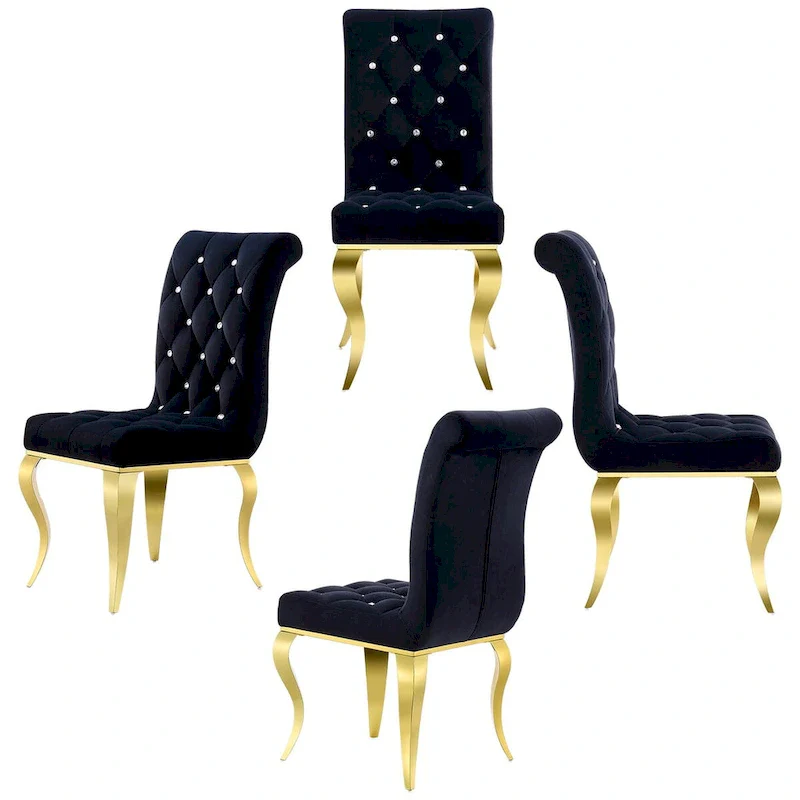 Luxury Black Velvet Upholstered Dining Chairs with Polished Gold Legs
