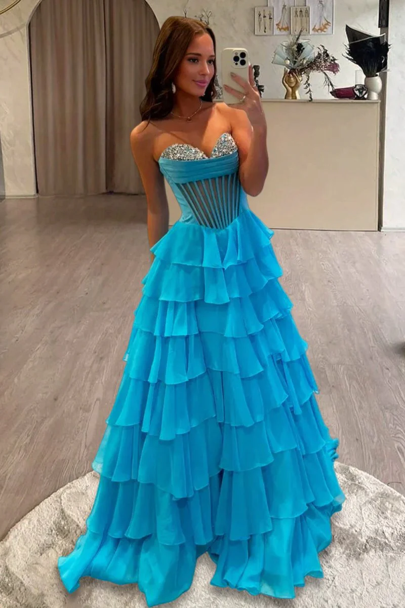 Azure - Strapless A Line Chiffon Ruffled Formal Prom Dresses With Beading