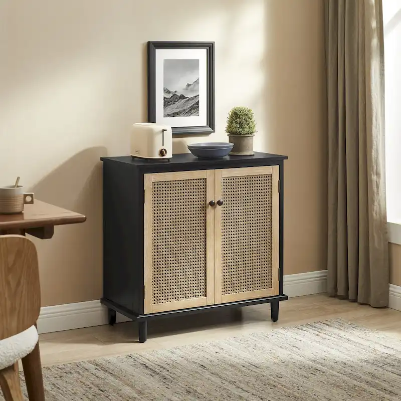 Natural Bamboo / Walnut Woven Rattan Accent Cabinet with Sliding or Standard Doors – Single Unit