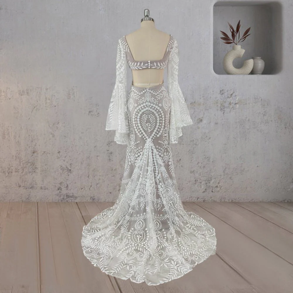 White Mermaid Enchantment Flower Prints Wedding Dress