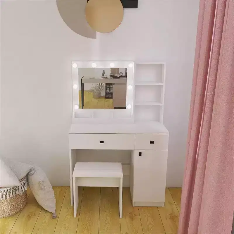 Wood Vanity Desk Set, Makeup Vanity Table with Mirror & 8 LED Light Bulbs, Open Shelves, 2 Drawers, 1 Makeup Stool for Home Office Bedroom White