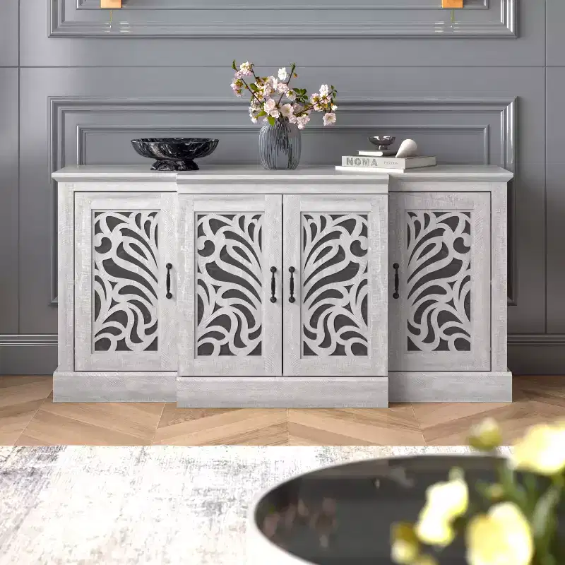 Galano sideboard with traditional cutout doors in gray 60.4 W  18.2 D  29.3 H