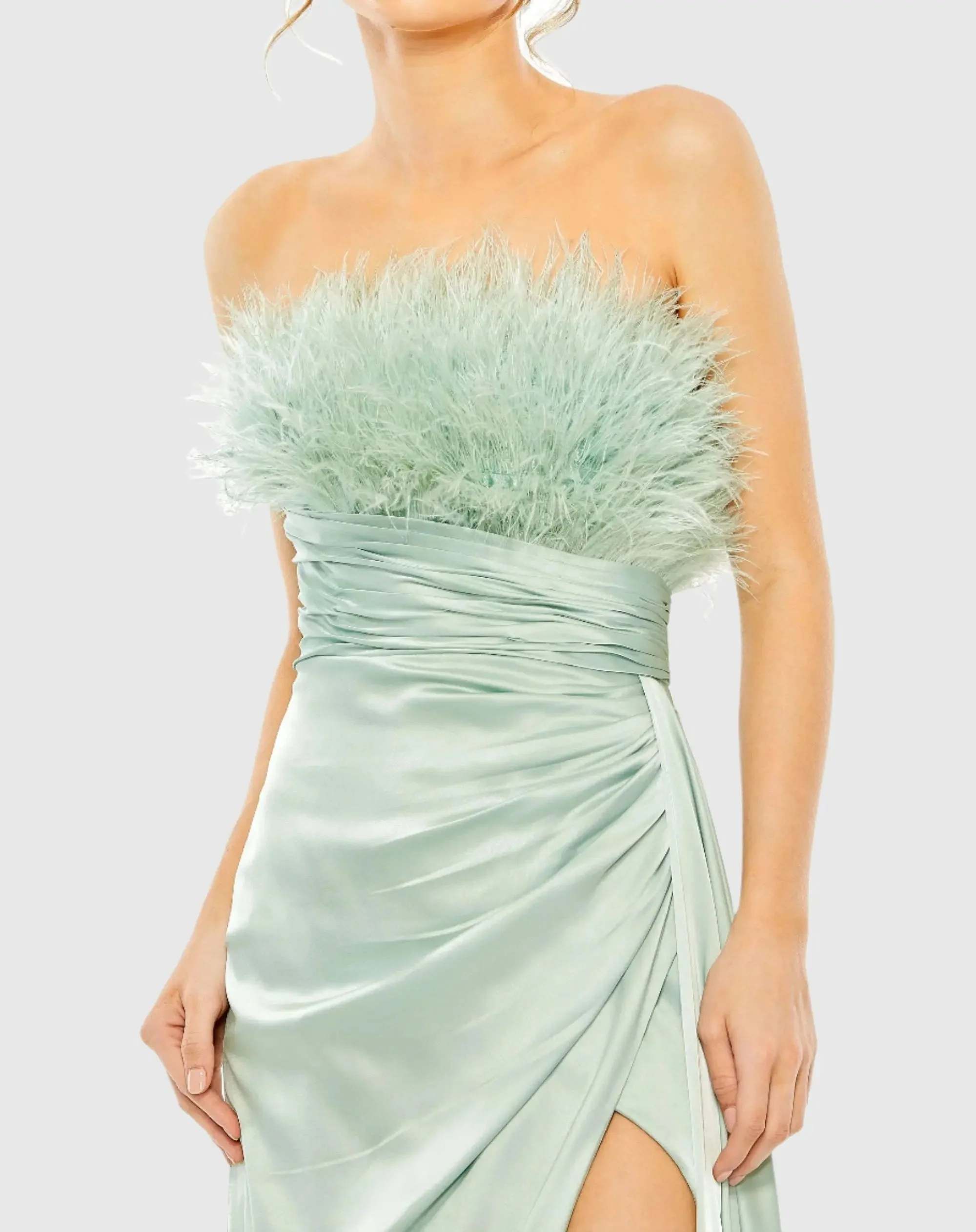 Green Strapless Feather Detail Satin Gown