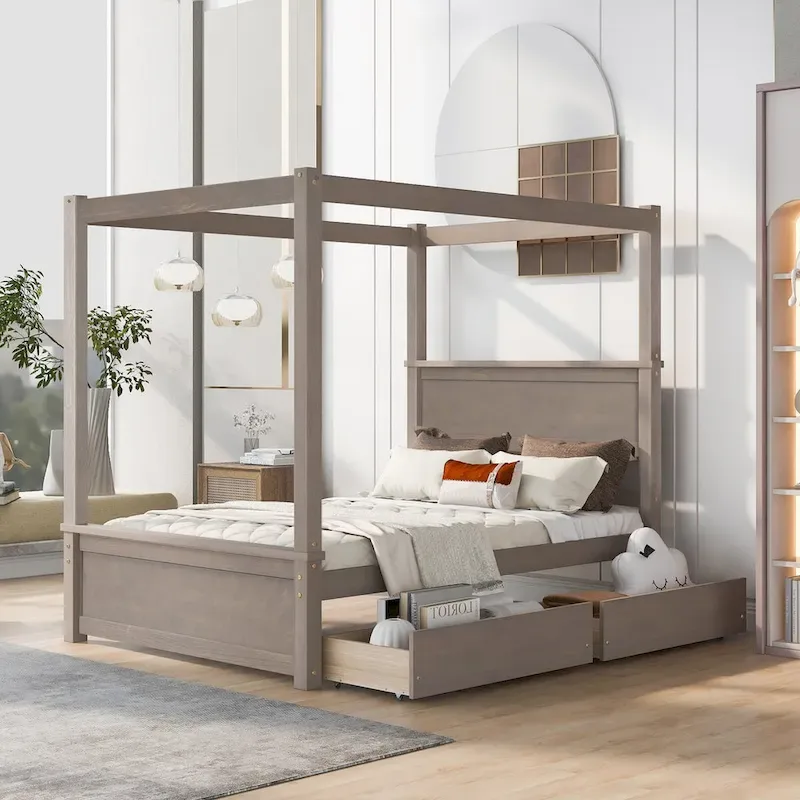 Grey/White/Brown Full Size Canopy Platform Bed with 2 Drawers, 1-2 Person