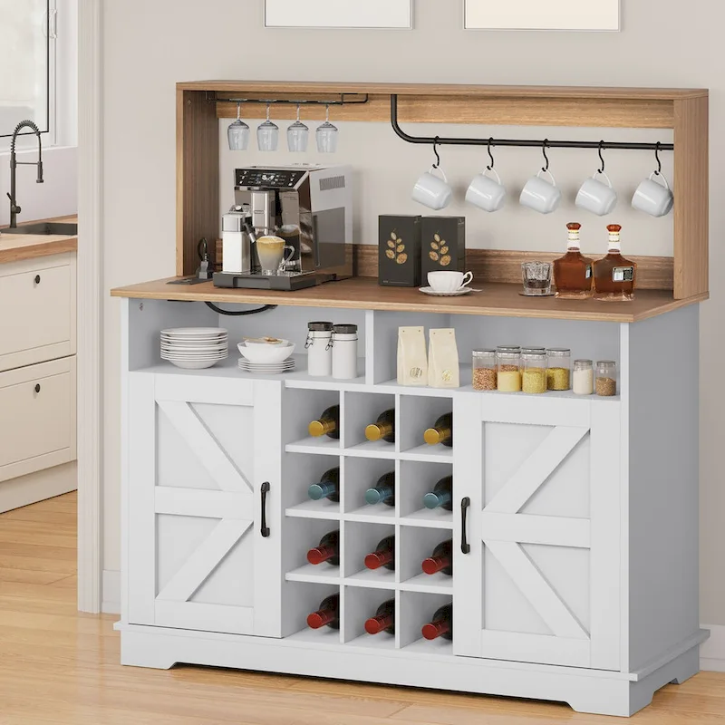 Bar Cabinet with Wine Rack and Power Outlets - 12-Bottle Storage (Black & Grey/White & Wood)