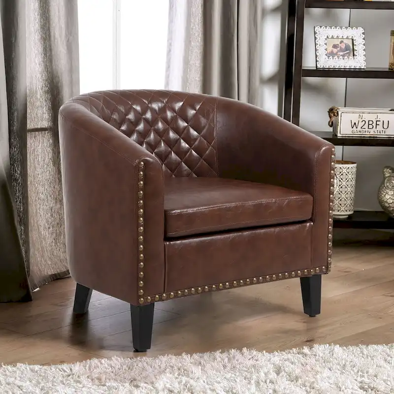 Barrel Accent Chair, Nailhead Trim, Solid Wood Legs, 1-Seat | Black / White / Navy / Coffee / Orange / Brown / Red