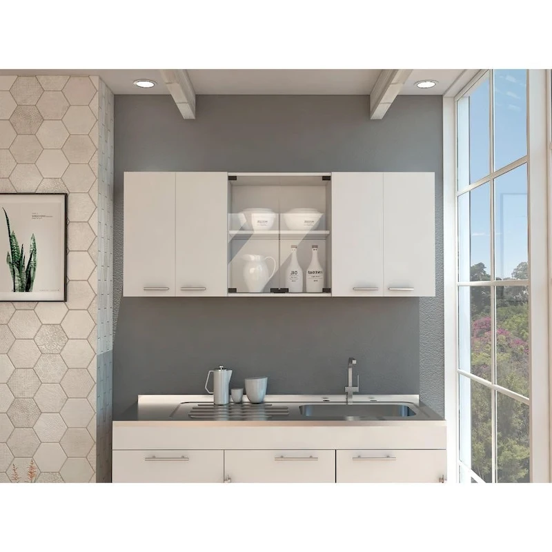 TUHOME Superior 150 Wall Cabinet with Glass Doors, 2 Double Cabinets, 4 Inner Shelves, Dish Rack and Cup Rack - N/A