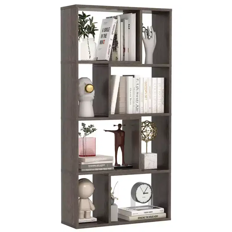 Costway 48 Geometric Bookshelf Open-back Bookcase with 8 Cubes 2 Anti-Toppling Devices White/Natural/Grey