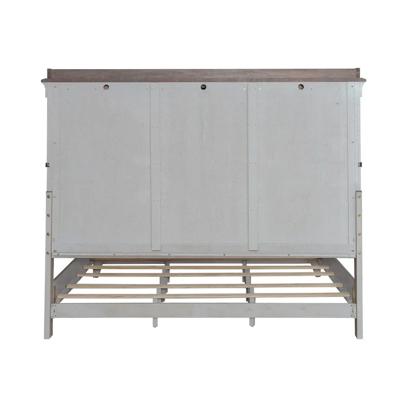 White Weathered Linen King Mantle Panel Bed with Touch LED Headboard & Dusty Taupe Accents – 2-Person