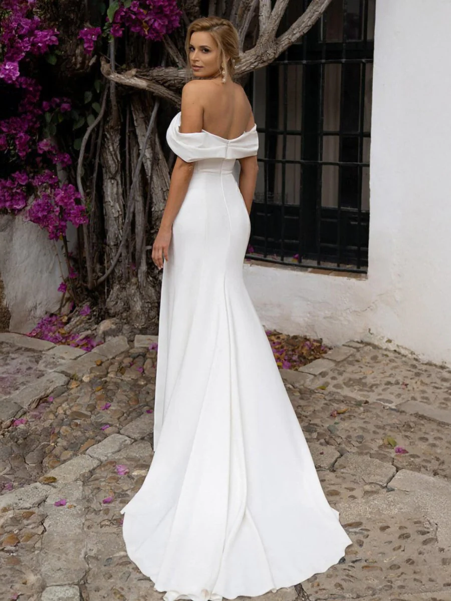 Mermaid Satin Off-the-Shoulder Sheath Wedding Dress with Zipper and Slit
