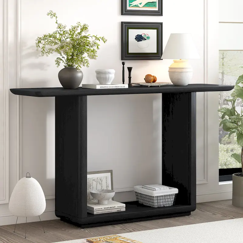 Black / Brown / Natural Console Table with U-Base, Curved Corners