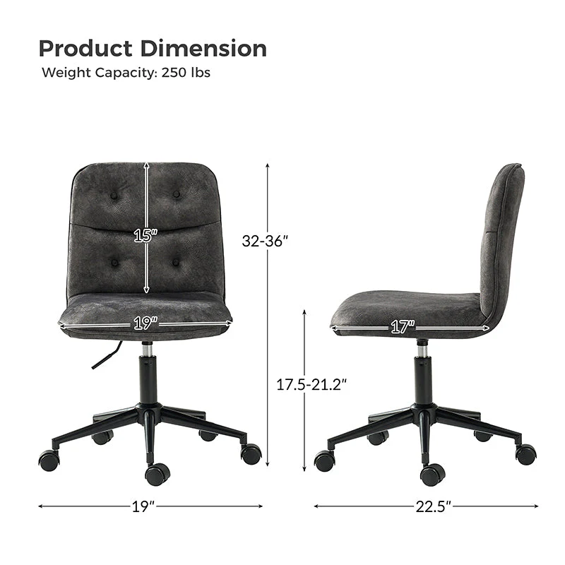 Velvet Armless Swivel Task Chair with Button & Channel Tufting, Adjustable Height & Black Metal Base | Charcoal | Single Seat