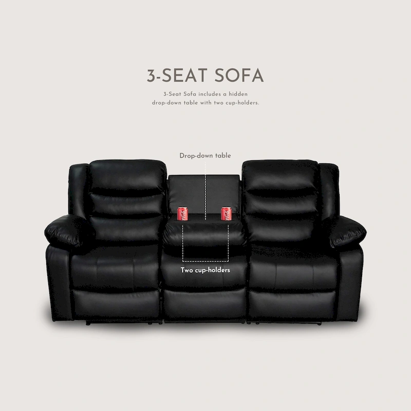 Manual Reclining 3-Piece Living Room Sofa Set - Sofa with Dropdown Table, Loveseat with Console, and Recliner