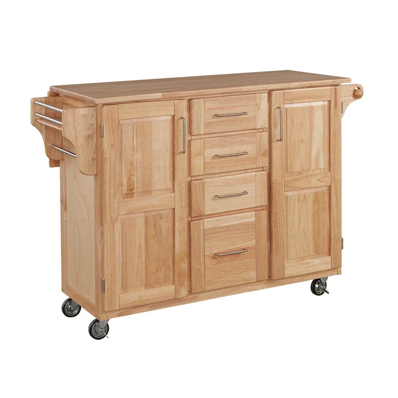 Kitchen Cart with Breakfast Bar - Drop Leaf Storage Island on Wheels (Natural Wood)