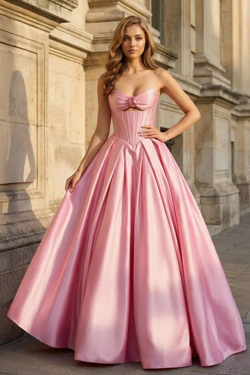 Pink Strapless A Line Pleated Satin Long Prom Dresses With Flower