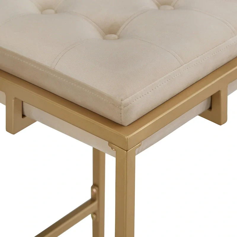 Backless Velvet Button-Tufted Bar Stool with Gold Metal Base & Footrest – Beige / Blue / Green, Counter / Bar Height