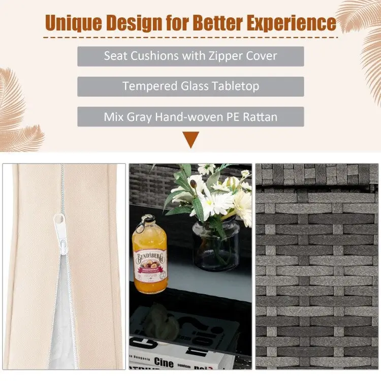 4 Pieces Patio Rattan Furniture Set with Cushion and Table Shelf - 27.5 x 47 x 30 (L x W x H)