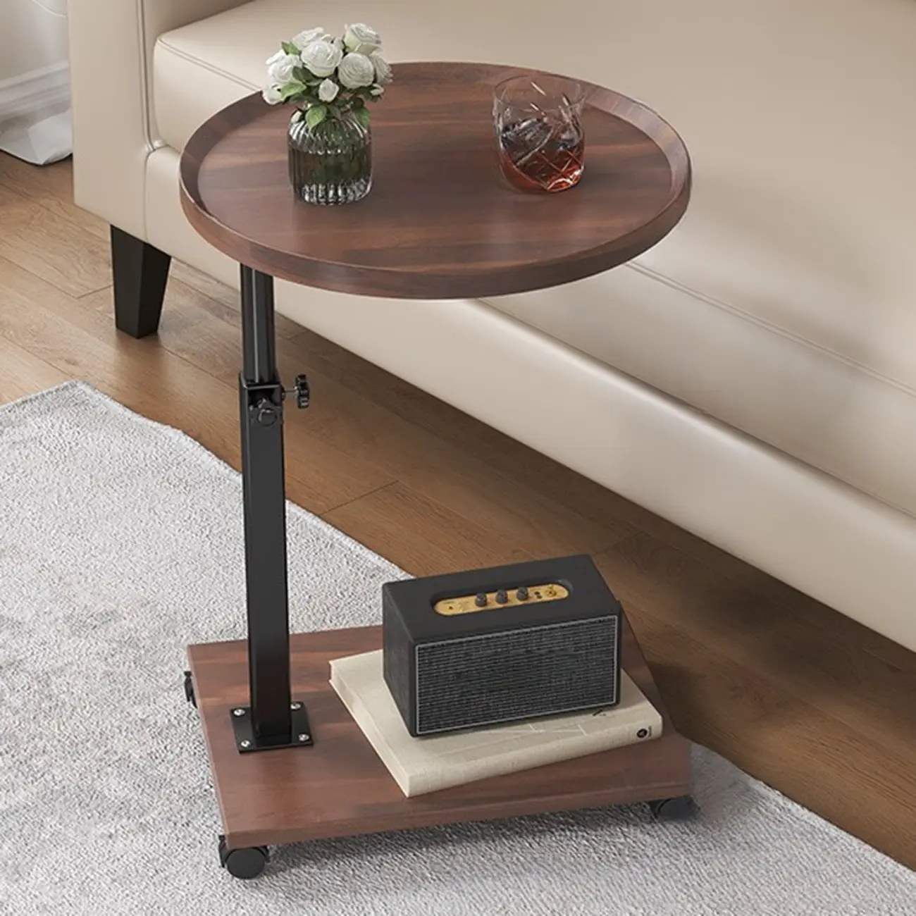 Adjustable Round Wood C-Shaped Wheel Side Table