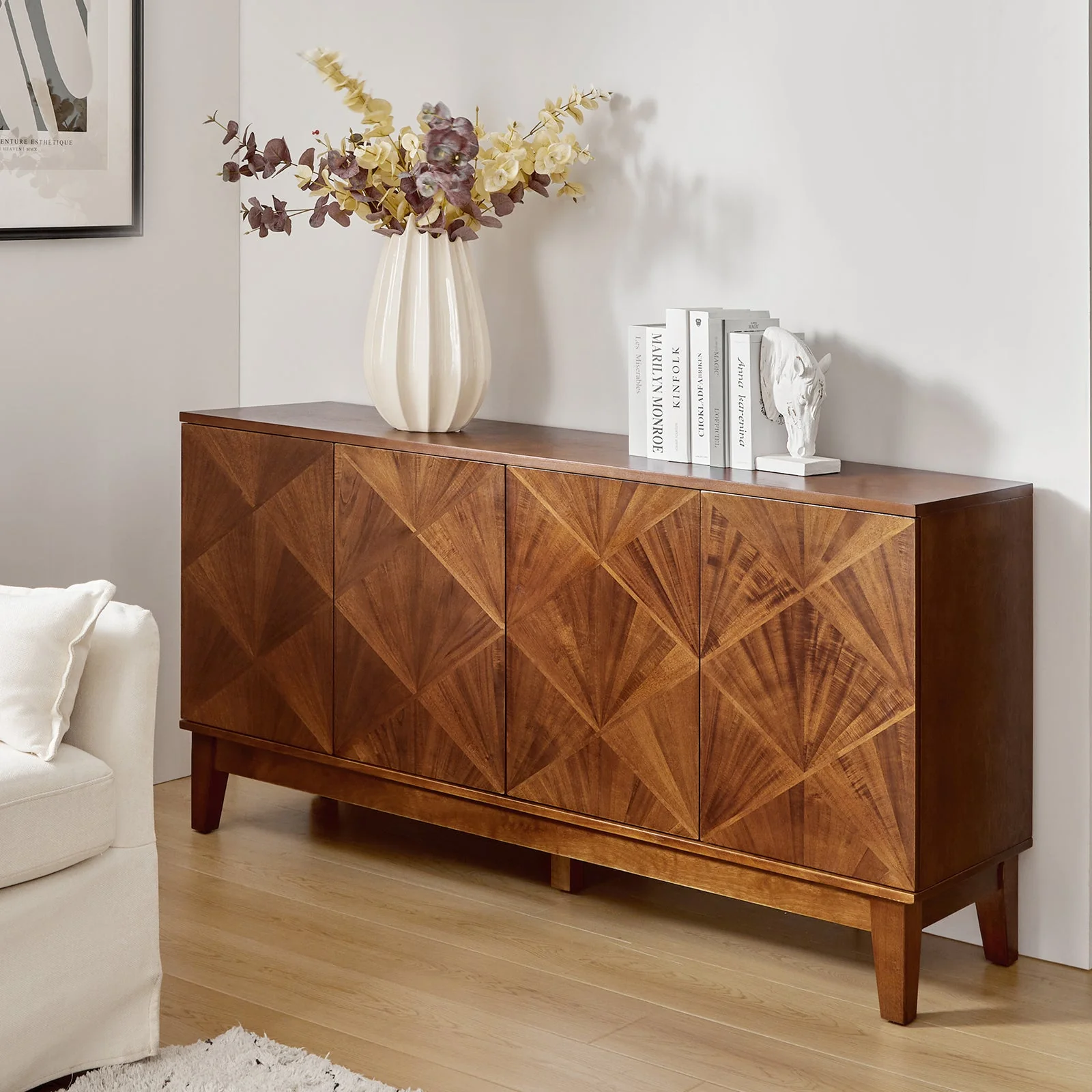 60 in Geometric Pattern 2-Door Sideboard with Push-to-Open Magnetic Doors, Adjustable Shelves & Rubberwood Legs | Walnut | Single