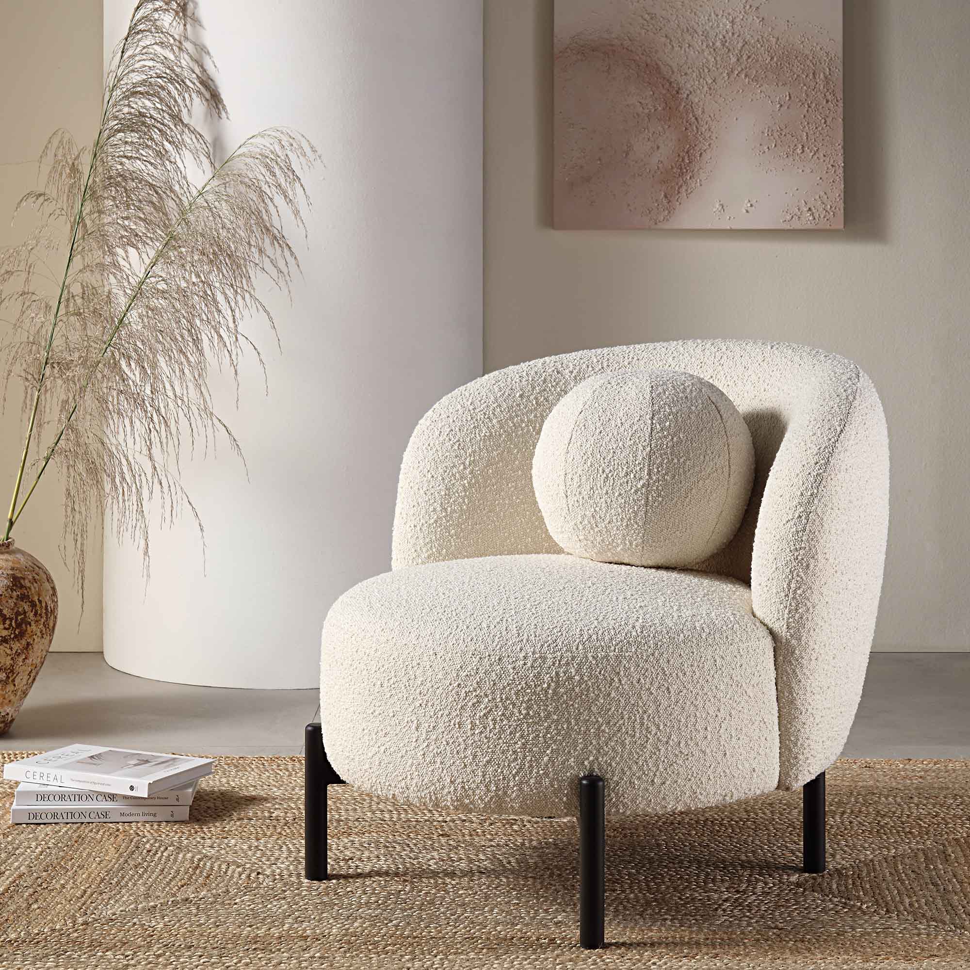 Armchair with Ball Cushion, Ecru Boucle