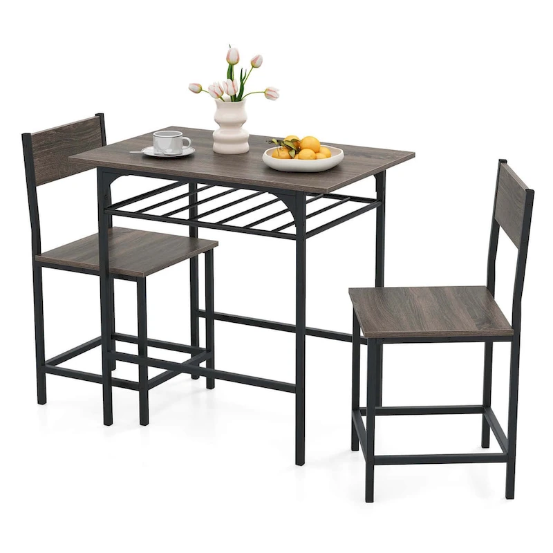 3PCS Dining Table Set Industrial Breakfast Nook Table Set w/ Wine Rack