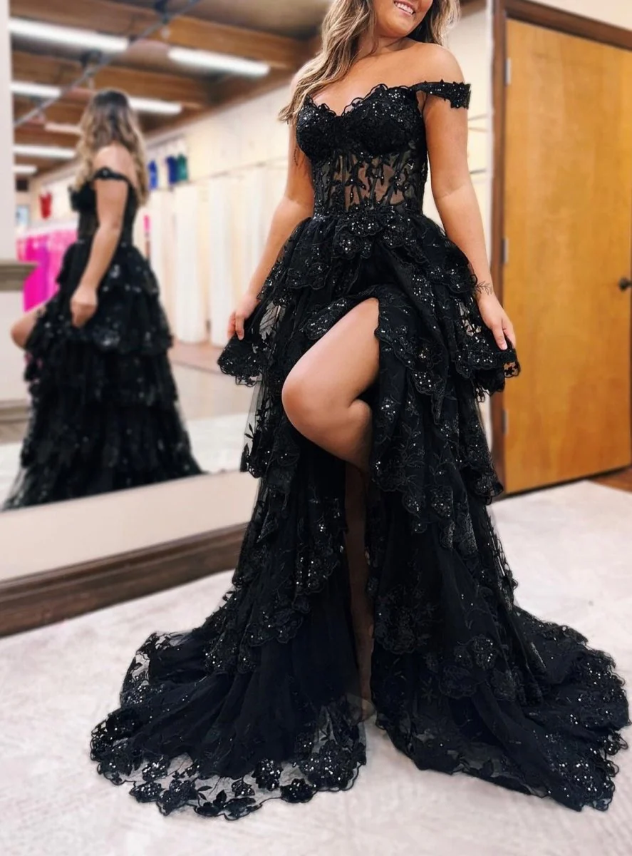 Periwinkle Tulle Appliques Off-the-Shoulder Ruffle Long Prom Dress