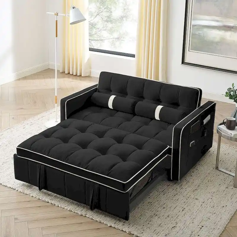 Modern 55.5 Velvet Pull-Out Adjustable Sofa Bed with Side Pockets