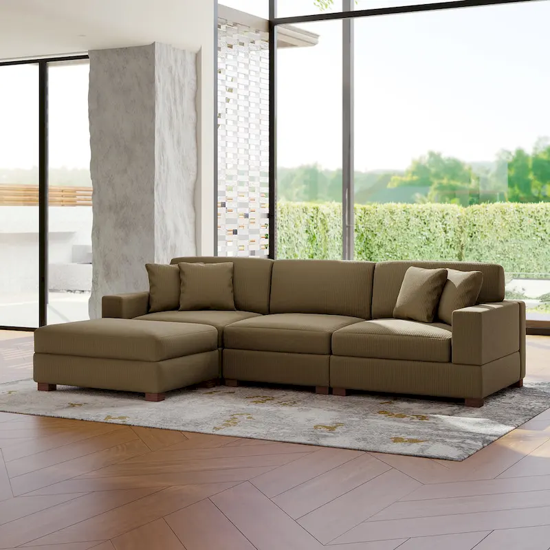 Modular Corduroy Sectional Sofa Set Chaise Couch with Ottoman