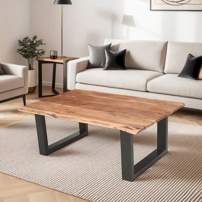 Brown & Black Rectangular Live Edge Acacia Coffee Table with Metal Sled Base