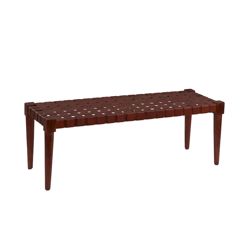 Harness Cognac Brown Woven Genuine Leather and Solid Wood Accent Bench