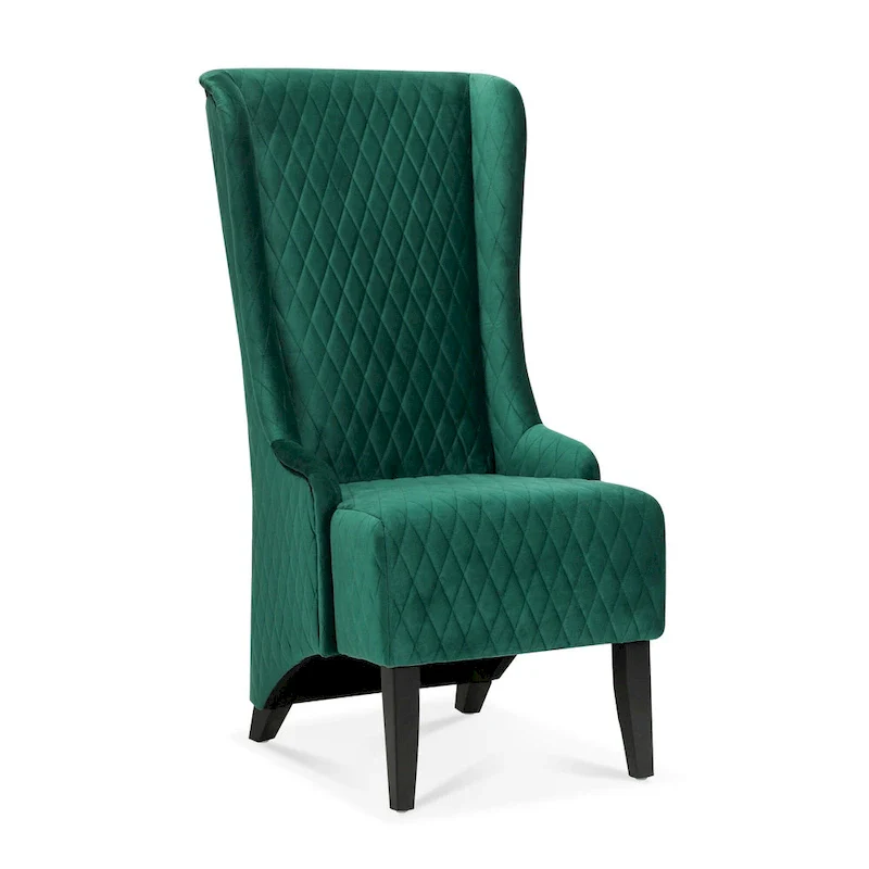 High-backed velvet wing-back chair with wooden legs