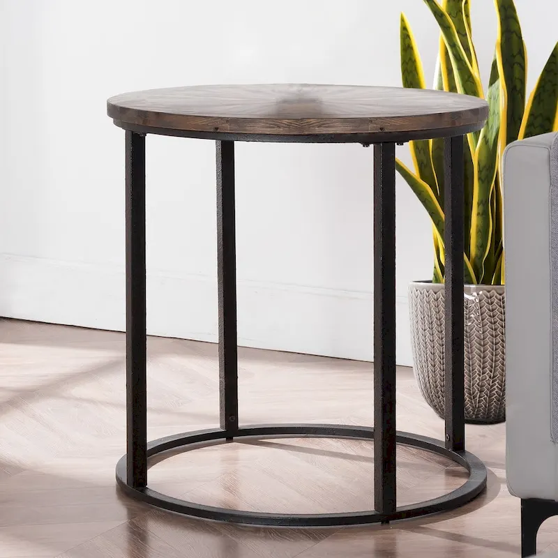 Round Reclaimed Wood Side Table with Metal Frame