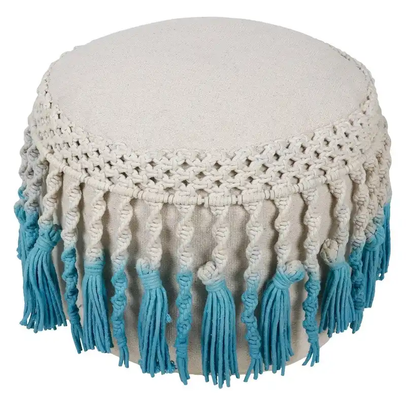 Blue Bohemian Cotton Pouf Ottoman – 1-Person, 15.6x15.6x19.6 in