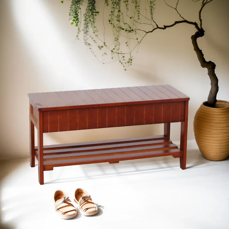 Cherry / White Solid Wood Shoe Storage Bench, Single Seat