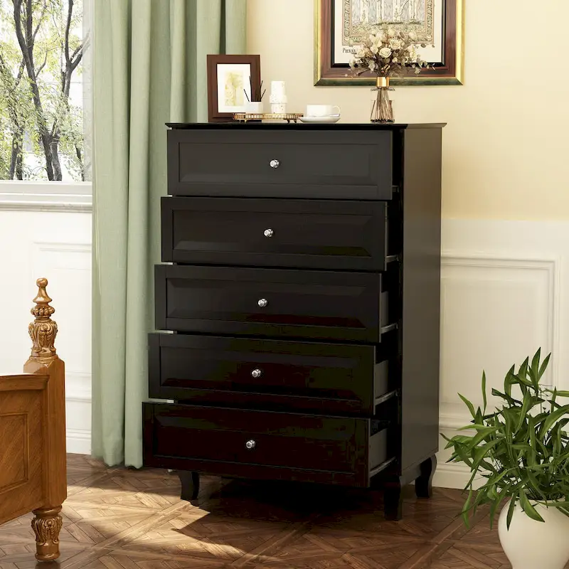 Black 5-Drawer Dresser with Wood Legs