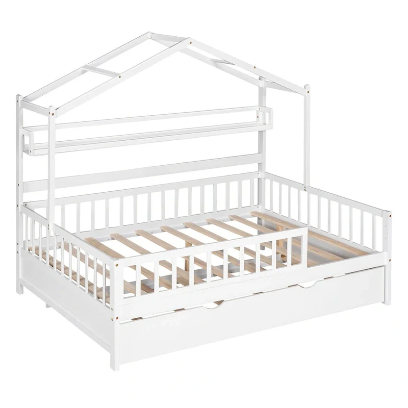 Wooden Full Size Creativity House Bed with Twin Size Trundle Bed and Storage Shelf, Full-Length Guardrail Bed for Kids Teens