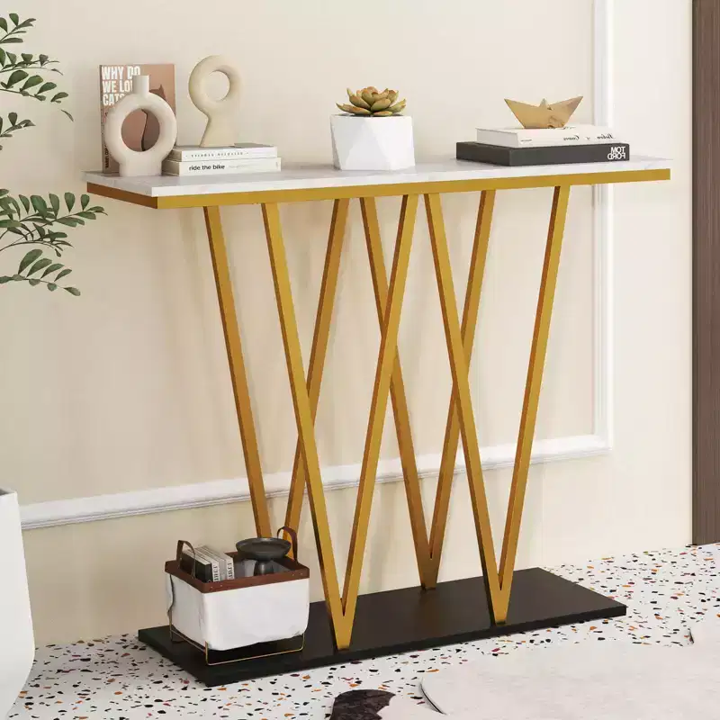 Costway 40 Gold Entryway Table with Faux Marble Table & Metal Frame, Storage Base, White