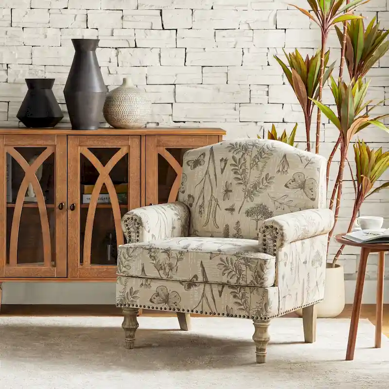 Grey/Navy Farmhouse Nailhead Camelback Armchair, 1-Person