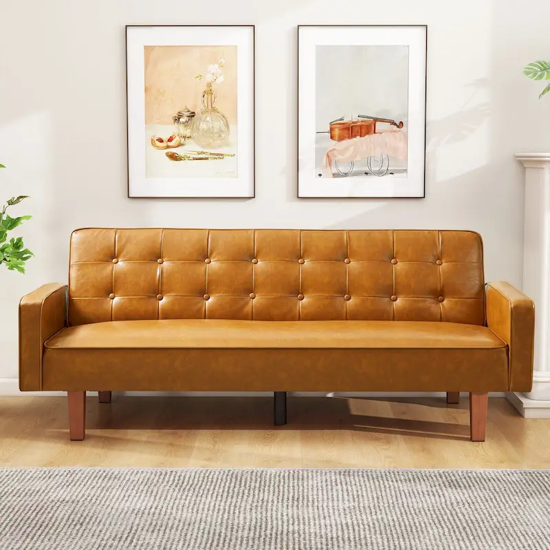 Mid-Century 74 in PU Leather Futon Sofa Bed, Button Tufted Sofa 3-Seat for Living Room Bedroom