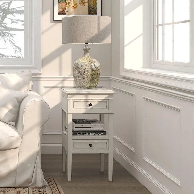 Wooden Side Table with 2 Drawers and Shelf - Antique Finish