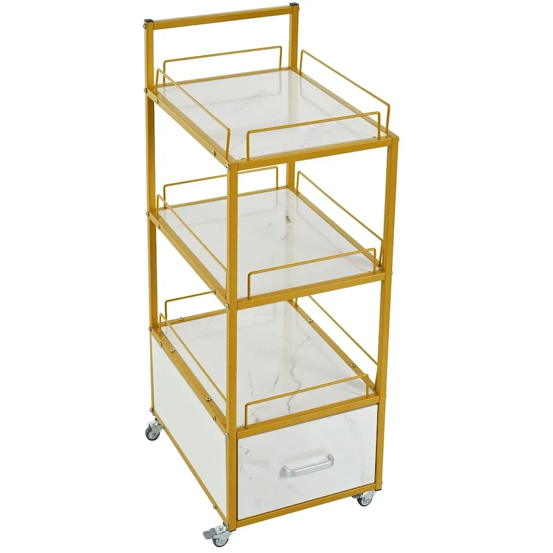3-Tier Storage Cart with Drawer, Trolley on Wheels with Faux Marble Board and Metal Frame for Kitchen/Beauty Salon/Home Office