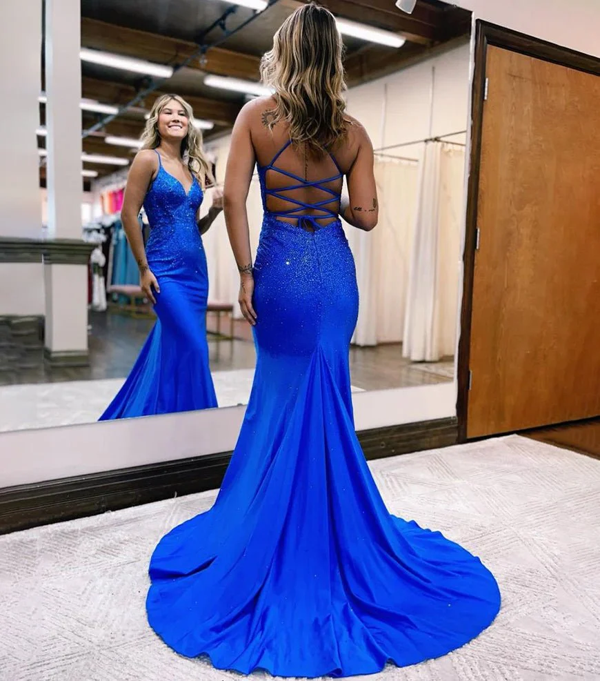 Mermaid Spaghetti Straps Corset Back Satin Prom Dress