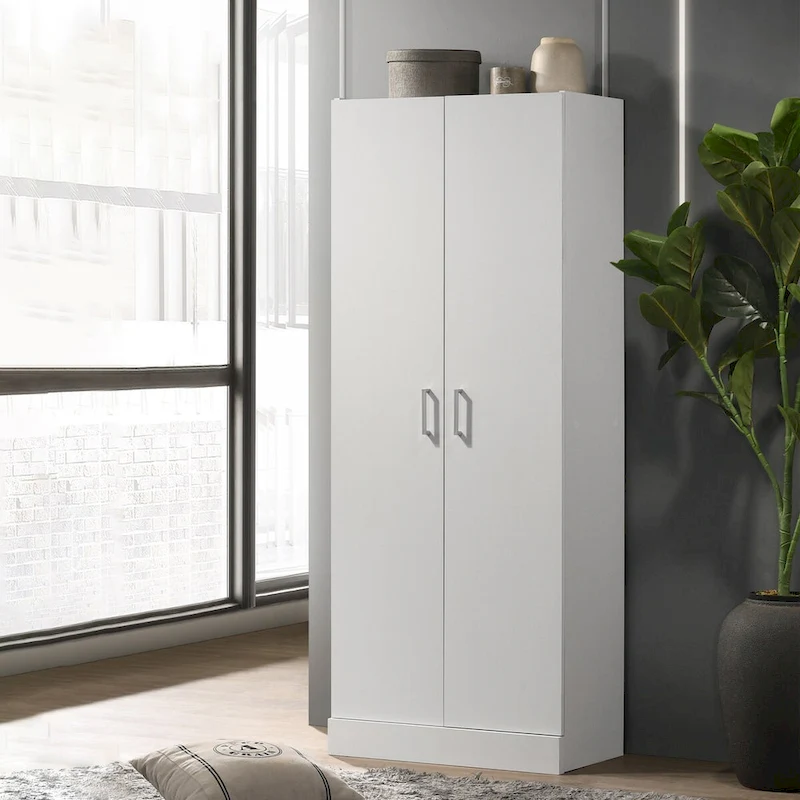 60 Tall White Double Door Cabinet, Freestanding Cupboard Closet Storage Organizer with 4 Tier Shelves