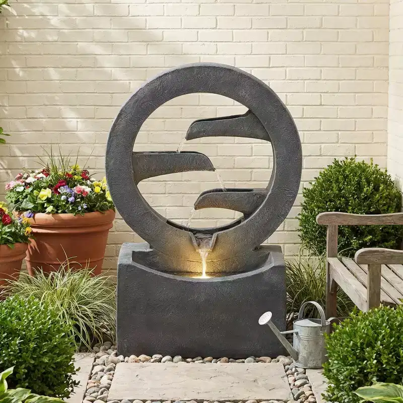 Circular Outdoor Water Fountain with LED Light, Freestanding Modern Cascading Water Feature for Patio Garden Backyard Decor, Gray - ModernLuxe