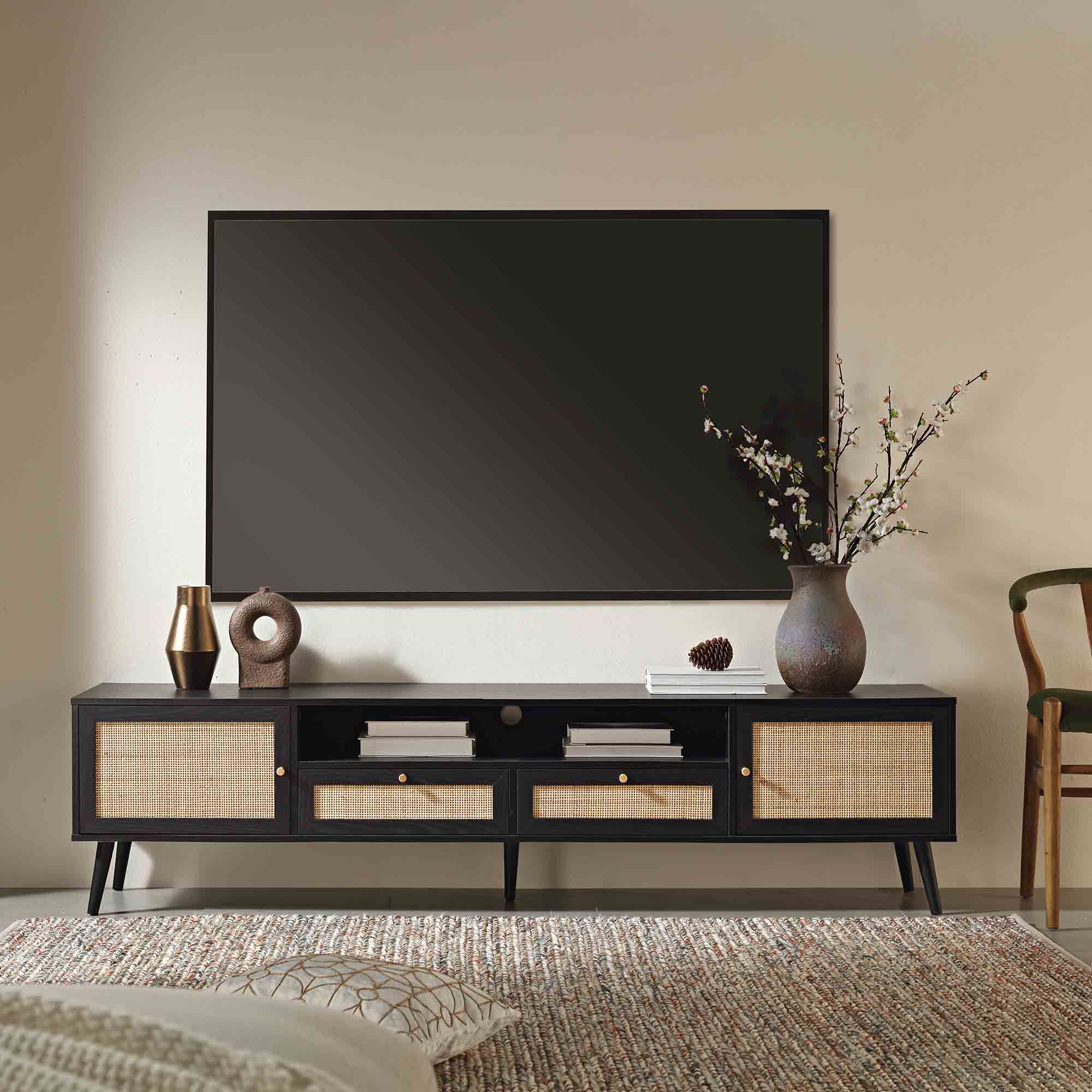 Woven Rattan 79in. Wide TV Unit, Black