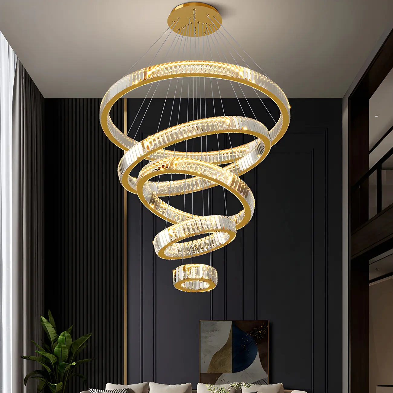 Gold Spiral Ring Crystal Tier Chandelier Modern Remote LED