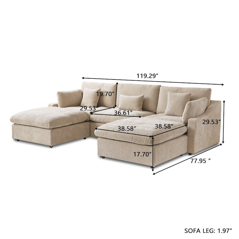 Classic Modern Linen Sectional Modular Sofa 3-Seater with 2 Ottomans, U-shaped Down Filled Cloud Couch with Cushions